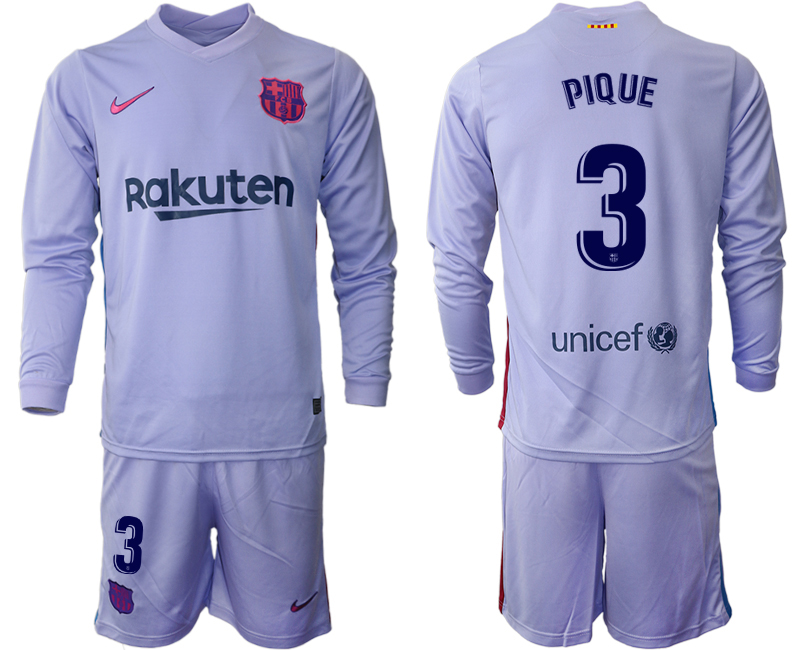 Men 2021-2022 Club Barcelona Second away purple Long Sleeve #3 Soccer Jersey->barcelona jersey->Soccer Club Jersey
